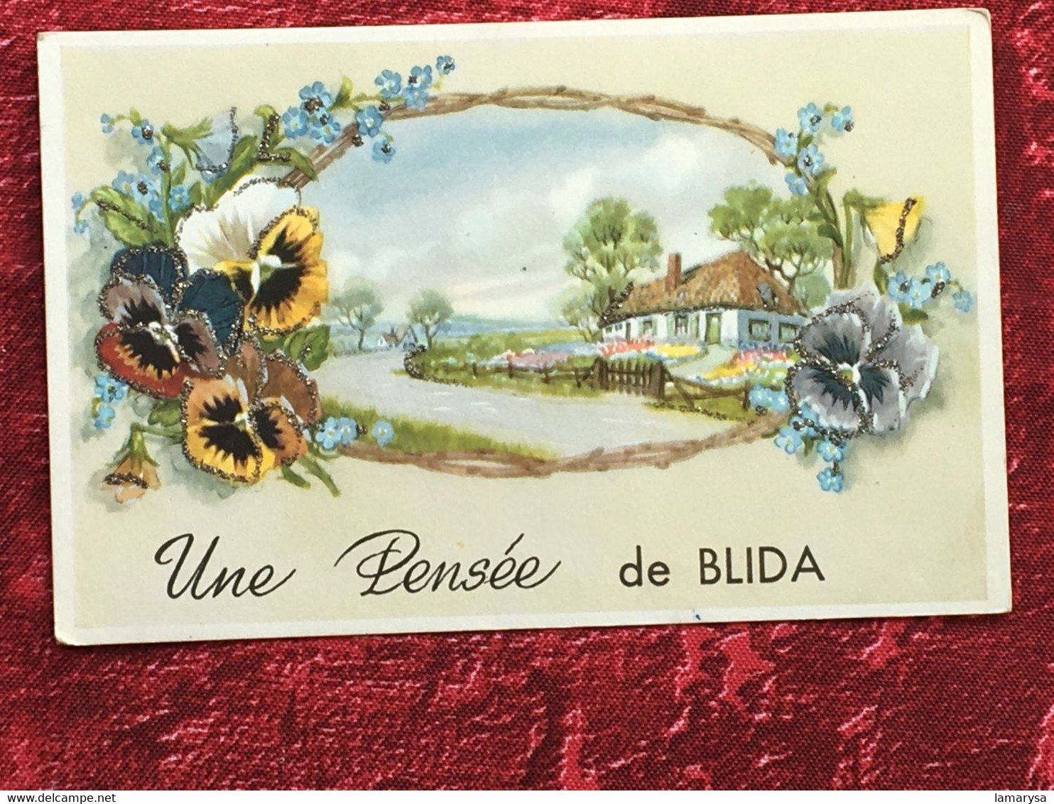 Une Pensée De Blida Ex-Algérie Française--Carte Postale Fantaisie-points Brillant-☛CPSM-☛Post Card-1957-lettre D'amour- - Blida