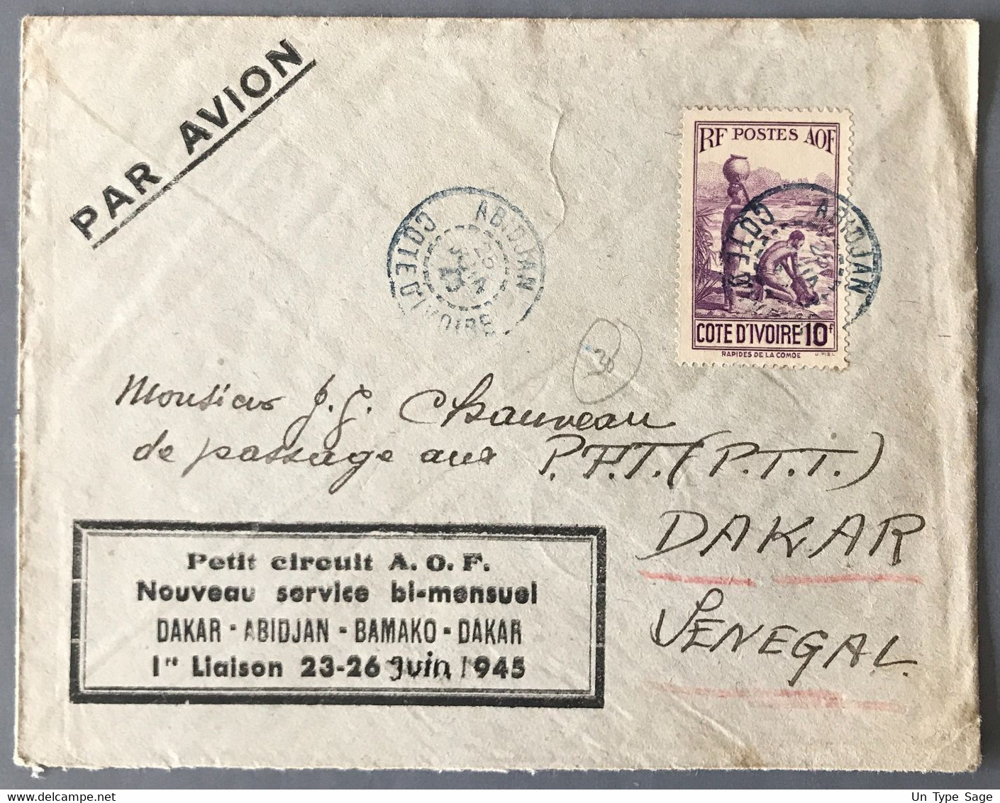 Cote D'Ivoire N°131 Sur Enveloppe, Griffe Petit Circuit A.O.F, Service Bi-mensuel DAKAR-ABIDJAN-BAMAKO-DAKAR - (W1084) - Storia Postale