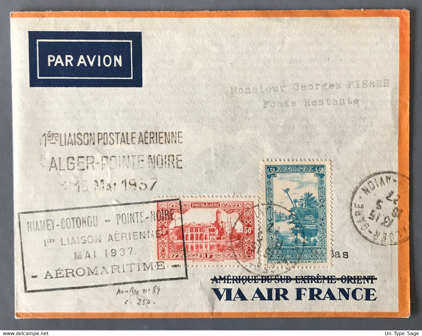 Algérie, Divers Sur Enveloppe M89, Liaison ALAGER-POINTE-NOIRE 16.5.1937 - (W1099) - Briefe U. Dokumente