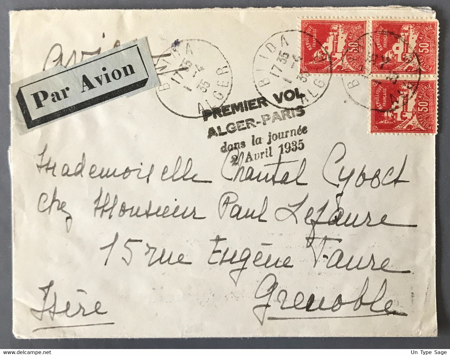 Algérie, Divers Sur Enveloppe De BLIDA 1.4.1935 - Premier Vol Alger-Paris Dans La Journée 2 Avril 1935 - (W1110) - Briefe U. Dokumente