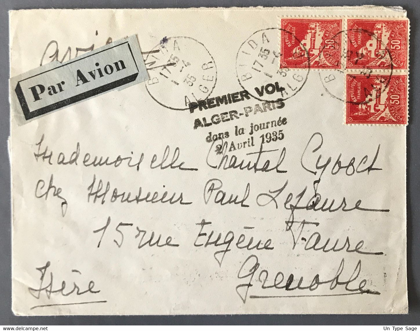Algérie, Divers Sur Enveloppe De BLIDA 1.4.1935 - Premier Vol Alger-Paris Dans La Journée 2 Avril 1935 - (W1110) - Brieven En Documenten