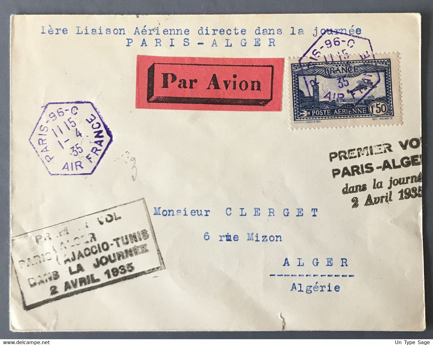 France PA N°6 Sur Enveloppe De Paris 1.4.1935 - Premier Vol Paris-Alger Dans La Journée 2 Avril 1935 - (W1115) - 1960-.... Briefe & Dokumente