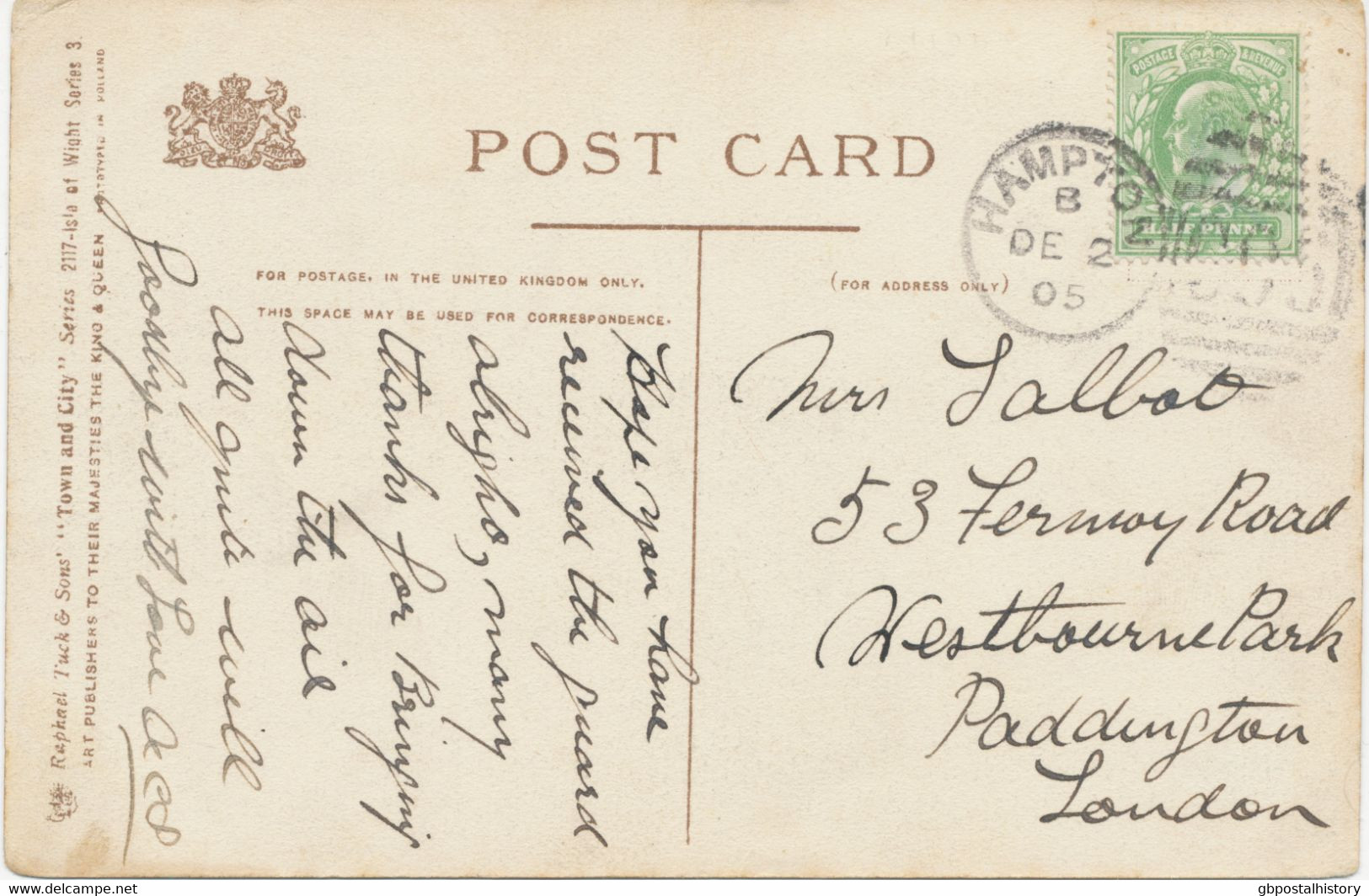 GB 1905, EVII 1/2 D. Yellow-green On Very Fine Tuck's Postcard ("Towns And City": Isle Of Wight, The Needles) With Clear - Lettres & Documents