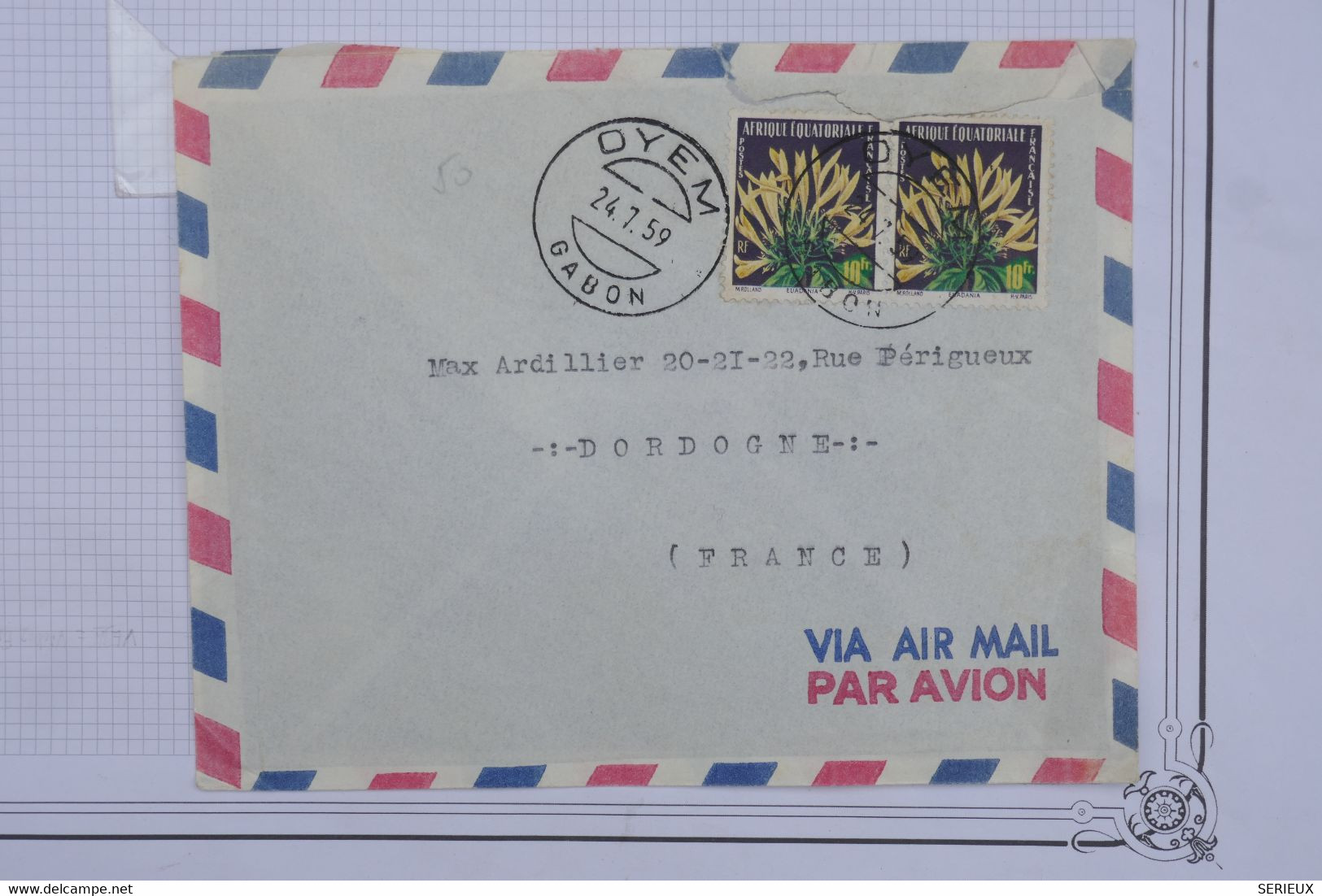 AS17 AEF GABON   BELLE  LETTRE  1959  DYEM   A  LA DORDOGNE  + PAIRE DE TP +AEROPHILATELIE++ AFFRANCH. INTERESSANT - Covers & Documents