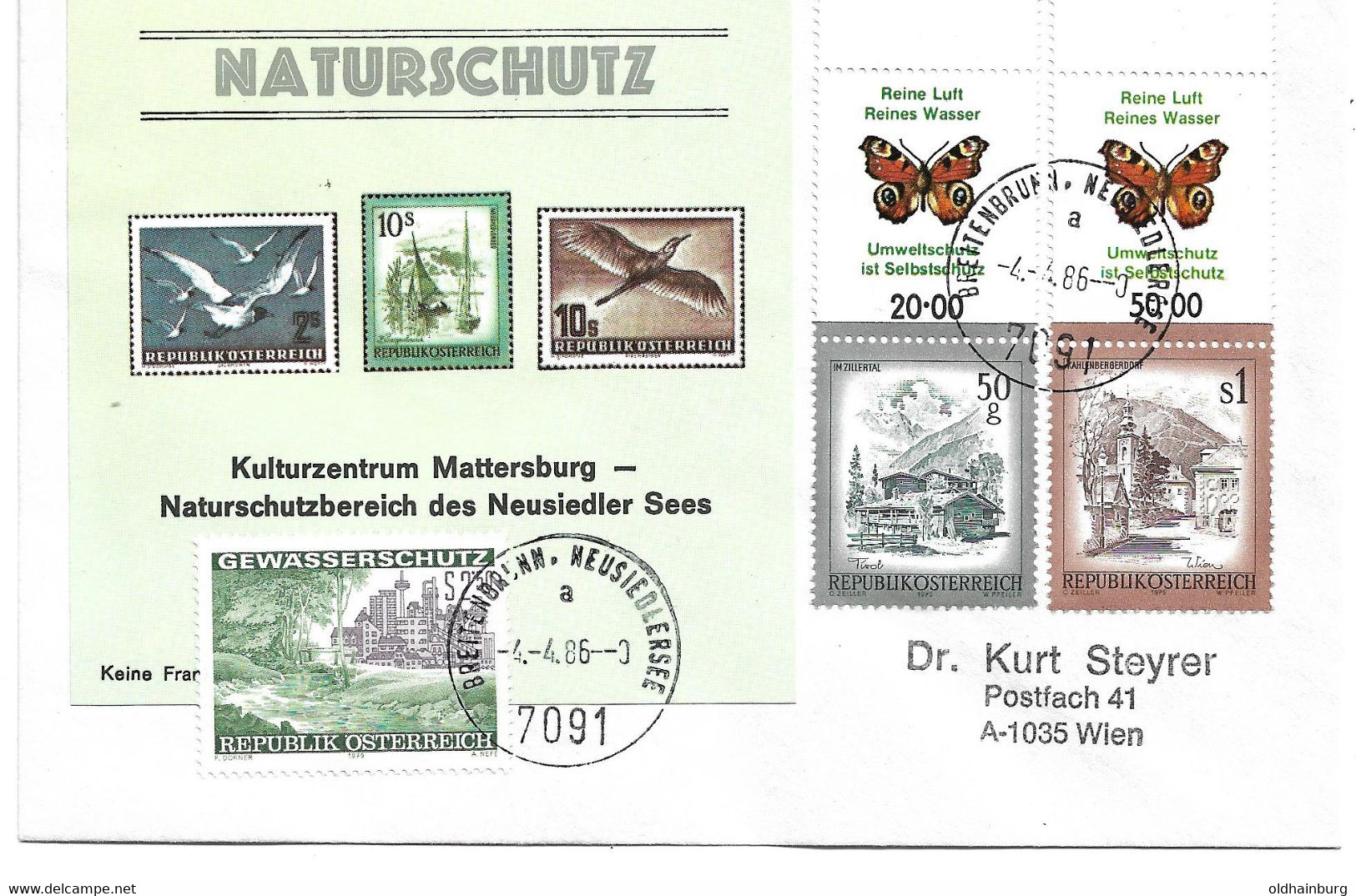 2070e: Allongen Marken Österreichs, "ARGE Umweltschutz Breitenbrunn Schmetterling" Mit Mattersburg- Block 1986 - Neusiedlerseeorte