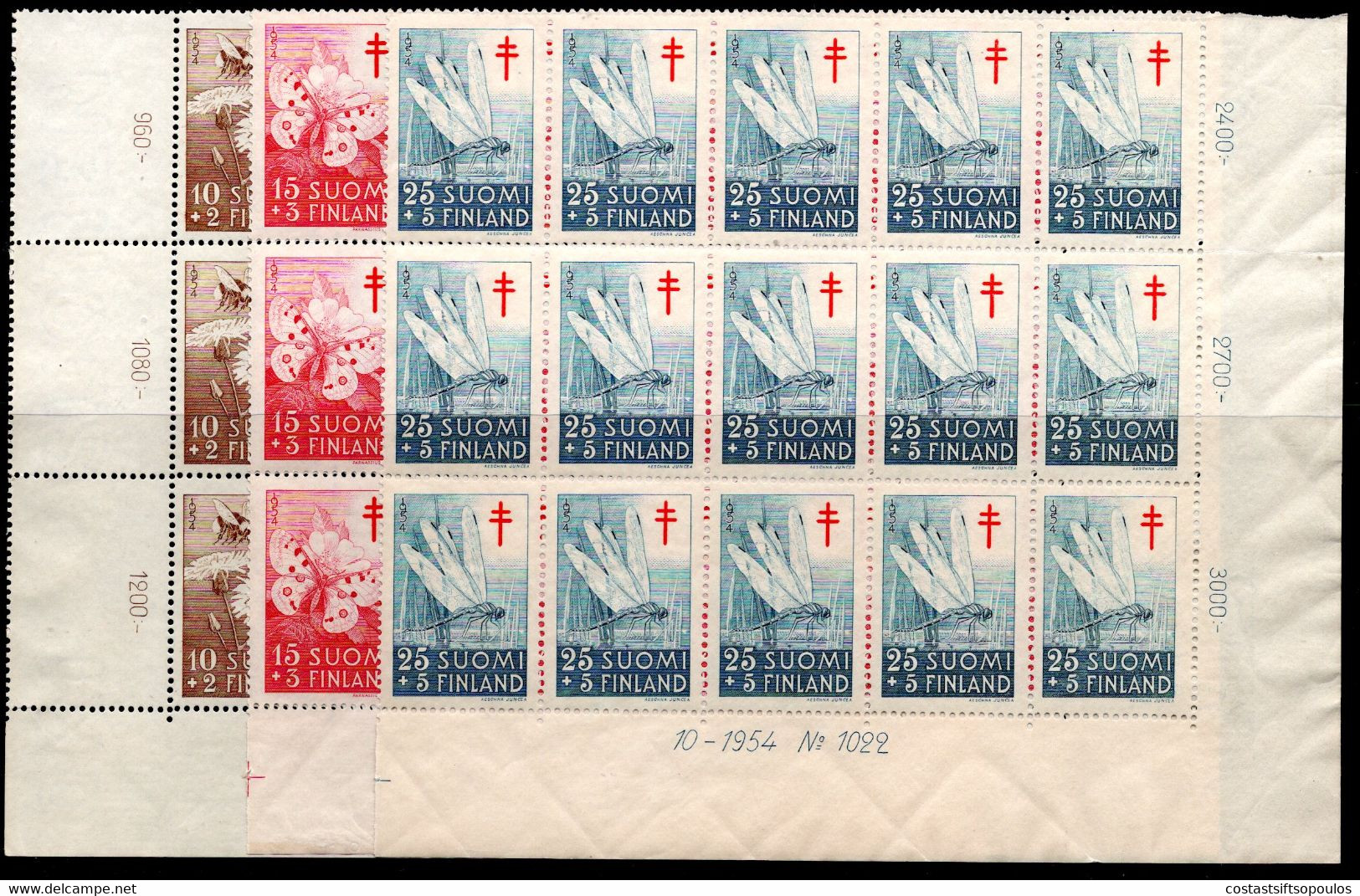 843.FINLAND.1954 INSECTS,MNH IMPRINT BLOCKS OF 15,SC. B126-B128 - Ganze Bögen