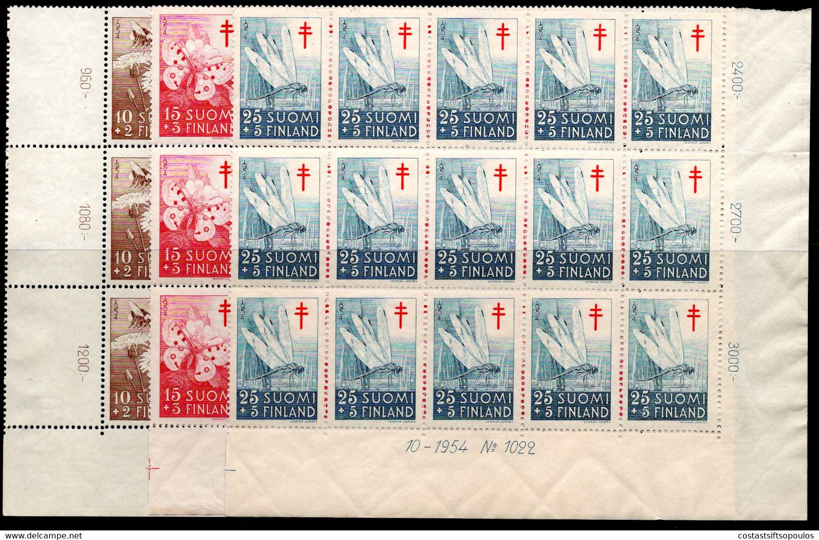 843.FINLAND.1954 INSECTS,MNH IMPRINT BLOCKS OF 15,SC. B126-B128 - Feuilles Complètes Et Multiples