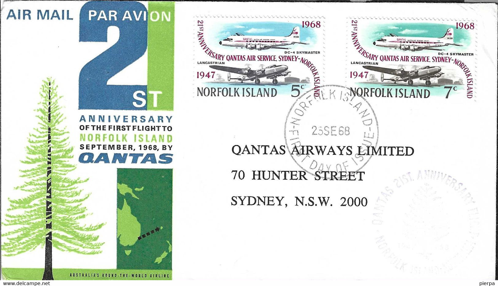 PRIMO VOLO - FIRST FLIGHT QANTAS DA NORFOLK A SIDNEY *25.09.1968* SU BUSTA UFFICIALE - Premiers Vols