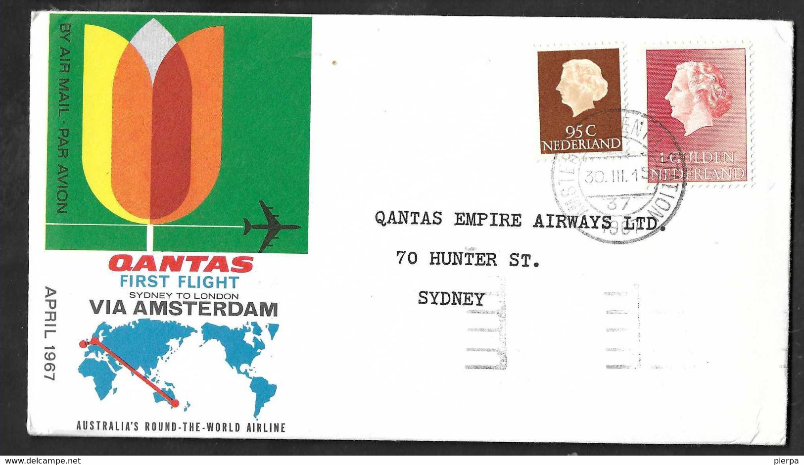 PRIMO VOLO - FIRST FLIGHT QANTAS DA AMSTERDAM A SIDNEY *30.3.1967* SU BUSTA UFFICIALE - Primi Voli