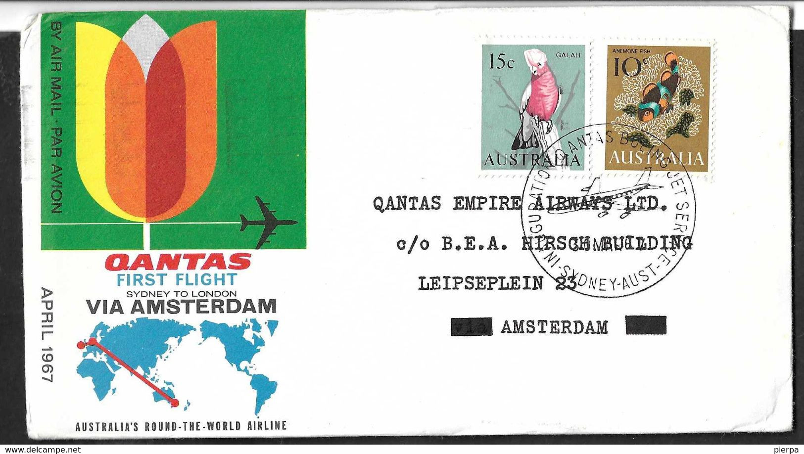 PRIMO VOLO - FIRST FLIGHT QANTAS DA SIDNEY AD AMSTERDAM *30.3.1967* SU BUSTA UFFICIALE - Primi Voli