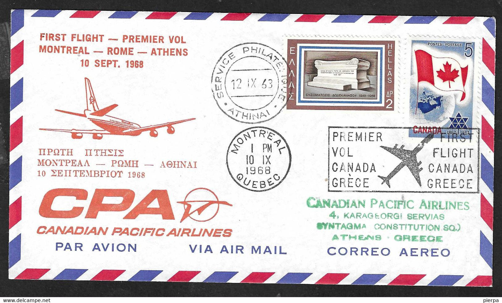 PRIMO VOLO - FIRST FLIGHT CPA DA MONTREAL AD ATHENS *10.IX.1968 * SU BUSTA UFFICIALE - AFFRANCATURA MISTA - Erst- U. Sonderflugbriefe