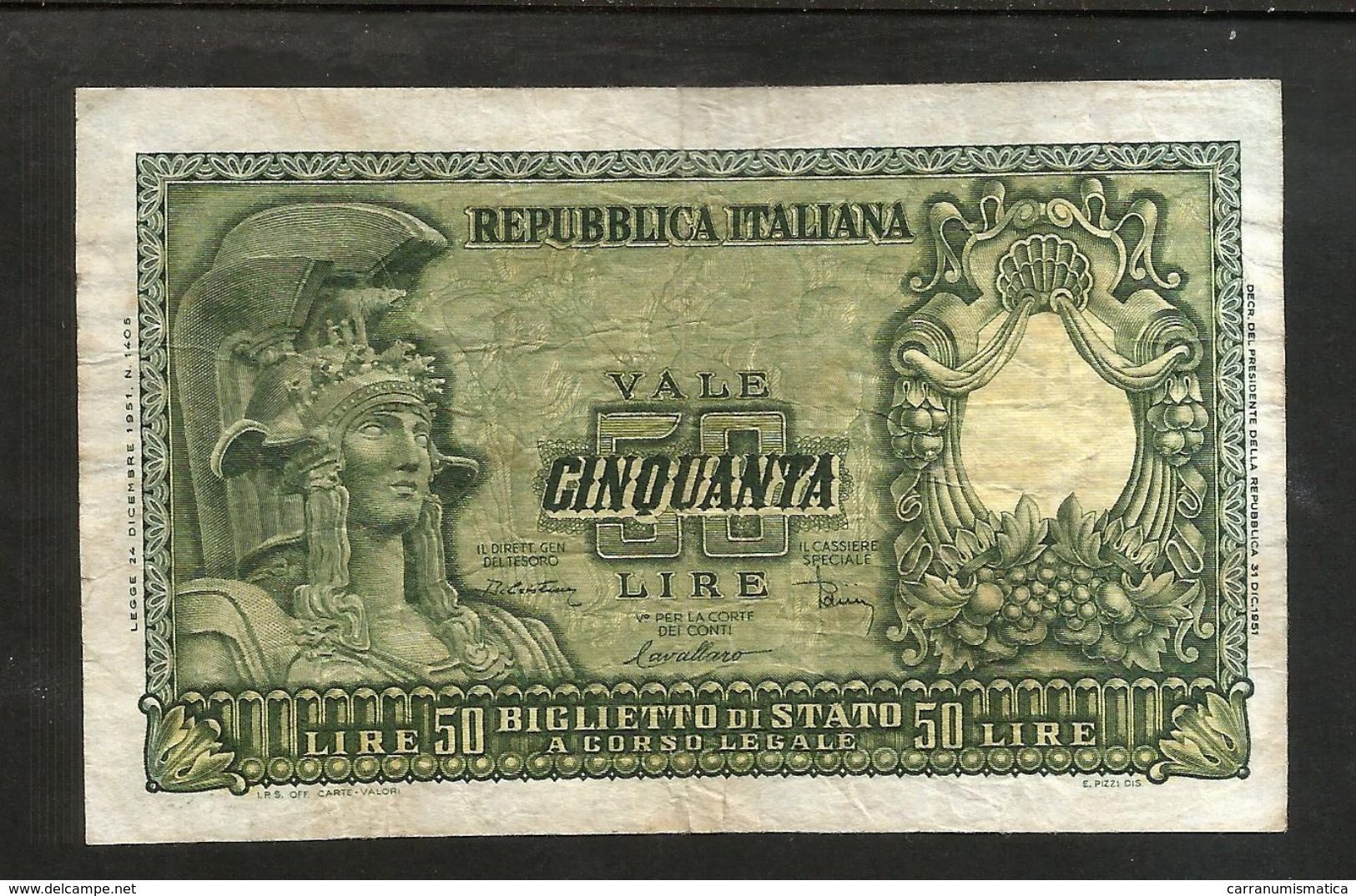ITALIA 50 Lire Italia Elmata - Firme: Di Cristina / Cavallaro / Parisi - Decr: 31-12-1951 - Rep. Italiana - 50 Lire