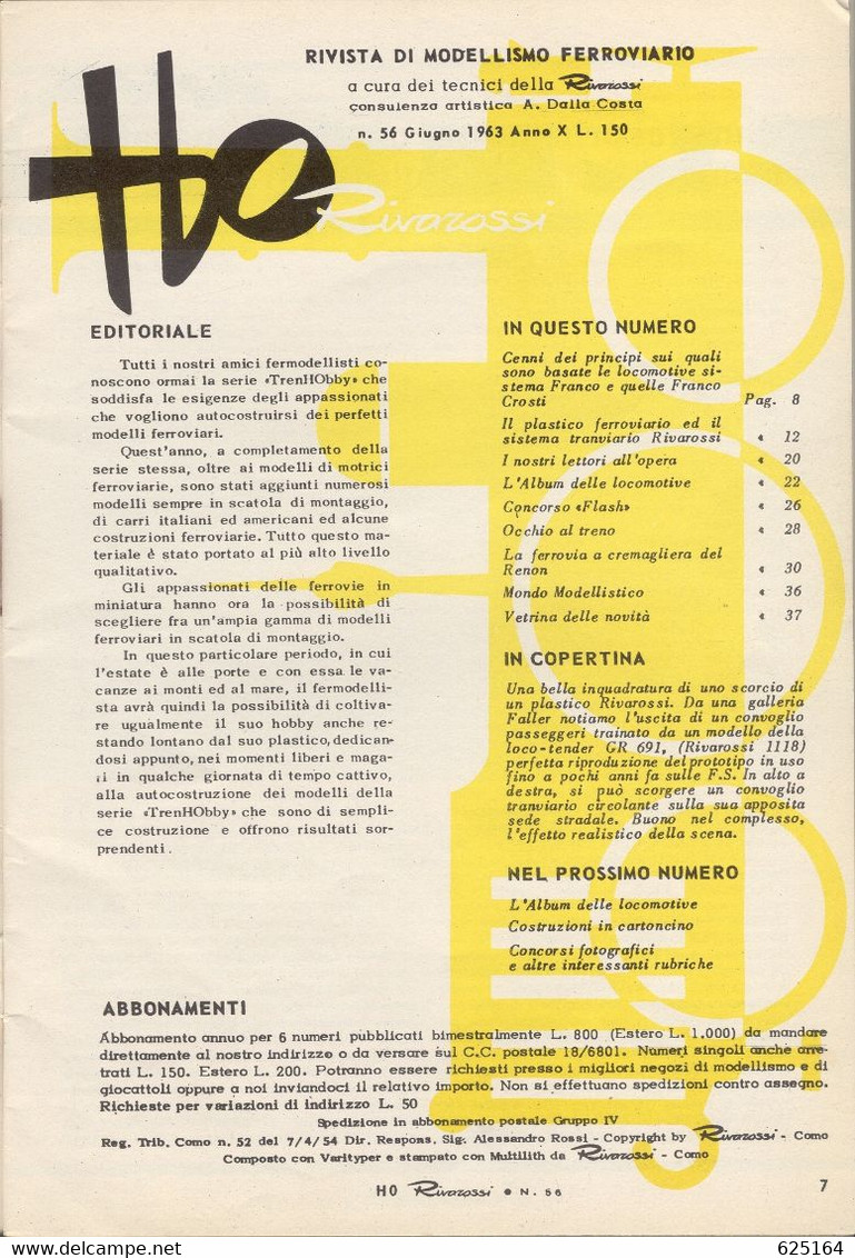 Magazine HO RIVAROSSI Giugno 1963 N. 56 Modellismo Ferroviario - En Italien - Non Classificati