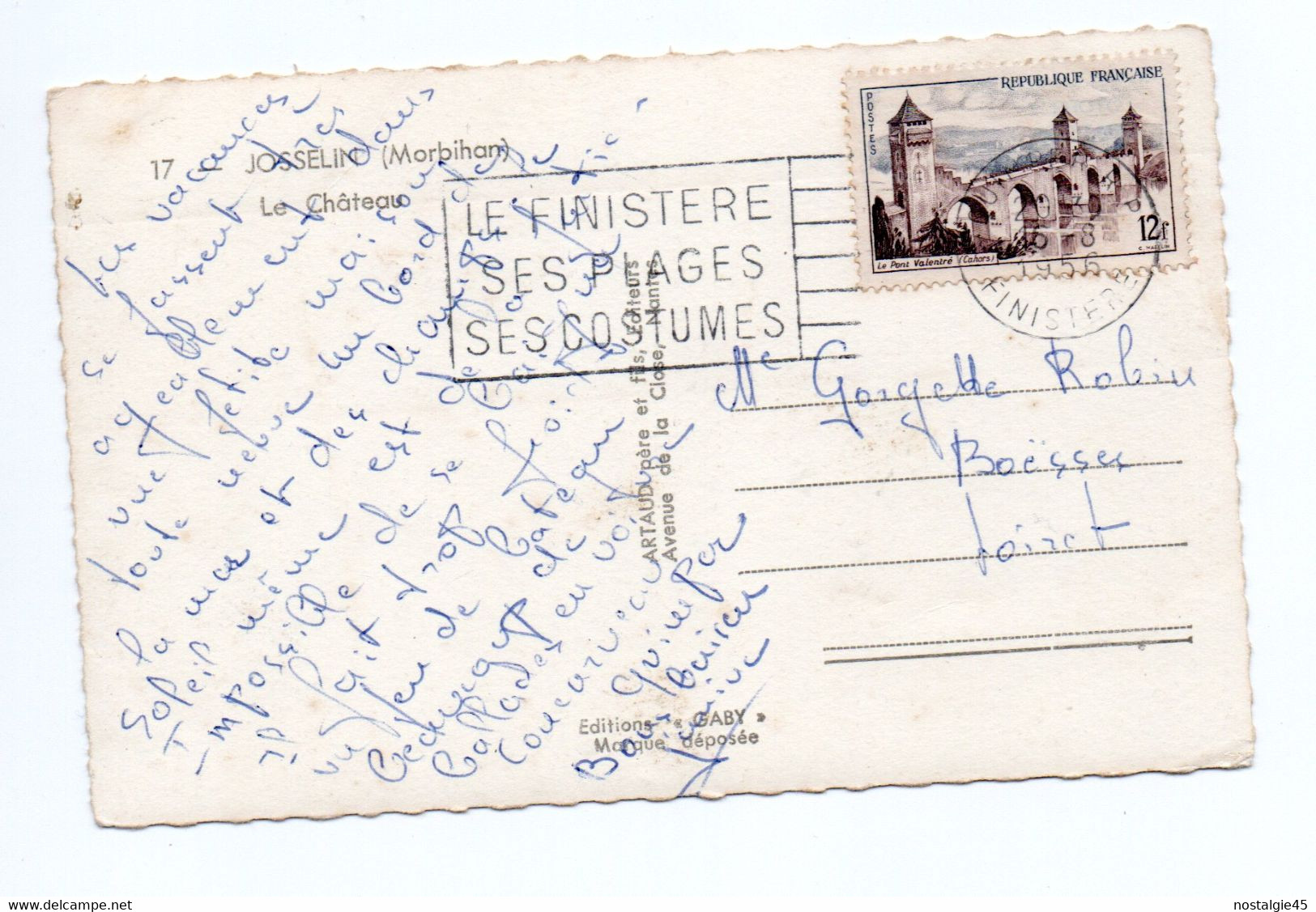 CPMPF Gaby  17 Josselin Le Chateau Timbre Pont Valentré Cahors 12f Cachet 1956 - Josselin