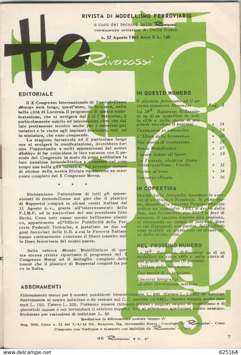 Magazine HO RIVAROSSI Agosto 1963 N. 57 Modellismo Ferroviario - En Italien - Non Classés