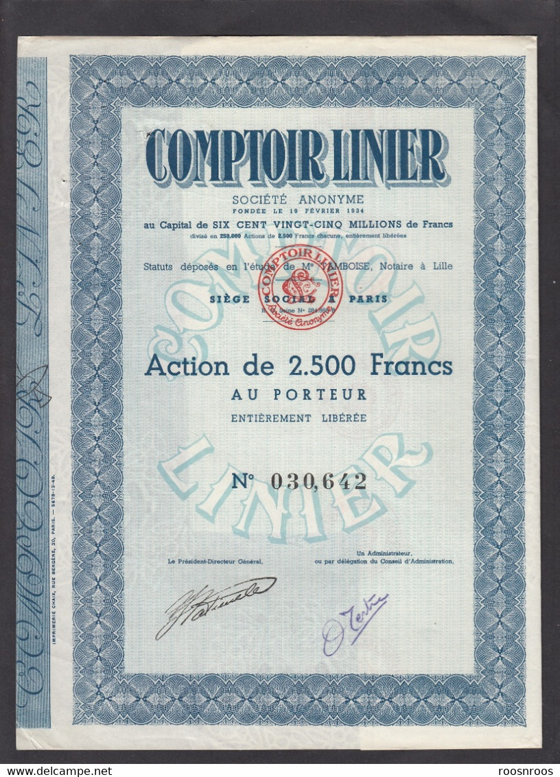 ACTION DE 2500 F AU PORTEUR - COMPTOIR LINIER - PARIS - A - C