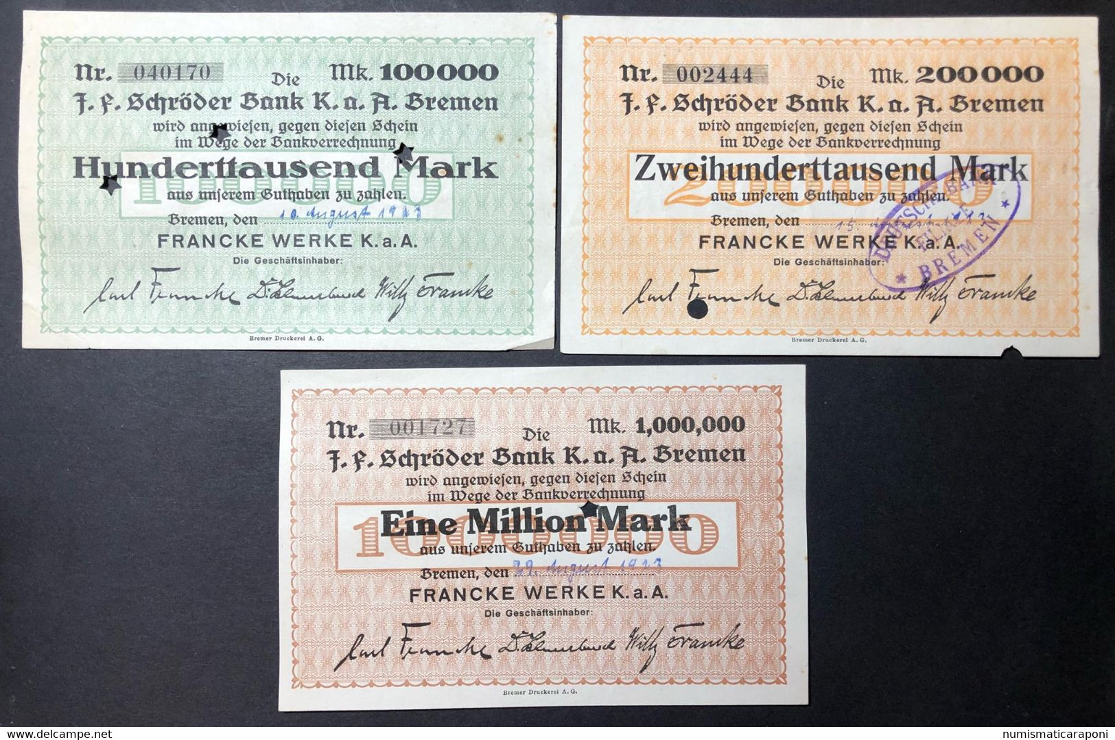 GERMANIA ALEMANIA GERMANY 100000 + 200000 + 1000000 Mark 1923 Bremen LOTTO 3904 - Administration De La Dette