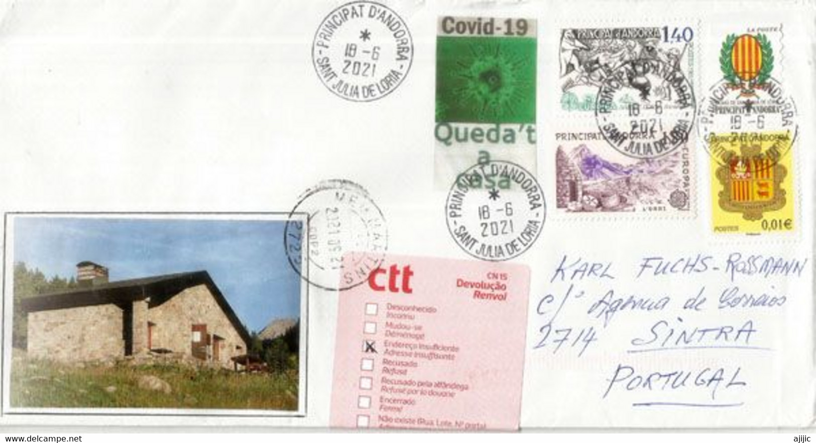 Lettre Andorre Adressée à SINTRA (PORTUGAL) Pendant  2 Ième Confinement Coronavirus, Retour à L'expediteur - Covers & Documents