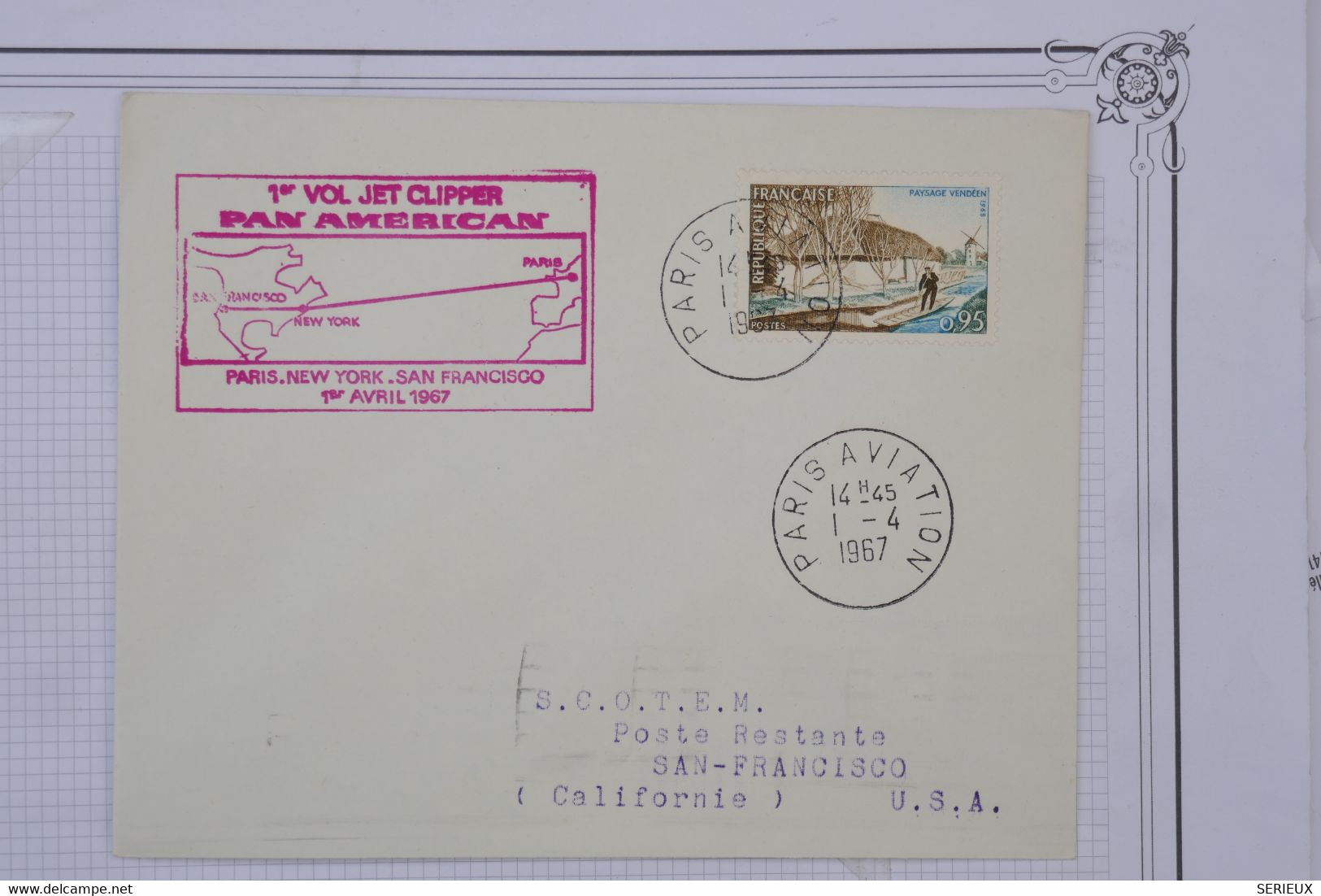 M4 FRANCE BELLE LETTRE 1967 1ER VOL JET  CLIPPER  PARIS SAN FRANCISCO +AEROPHILATELIE+ AFFRANCH. PLAISANT - 1960-.... Briefe & Dokumente