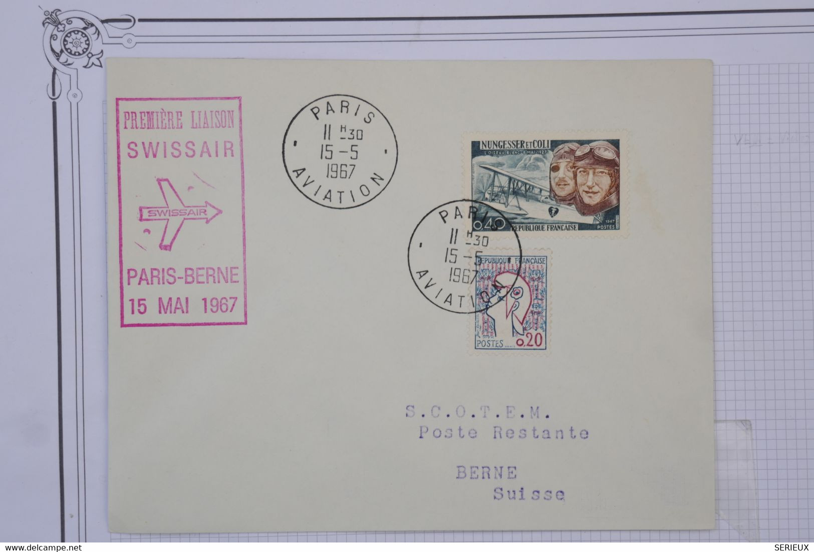 M4 FRANCE BELLE LETTRE 1967 1ER VOL SWISSAIR  PARIS BERNE SUISSE+AEROPHILATELIE+ AFFRANCH. PLAISANT - 1960-.... Briefe & Dokumente