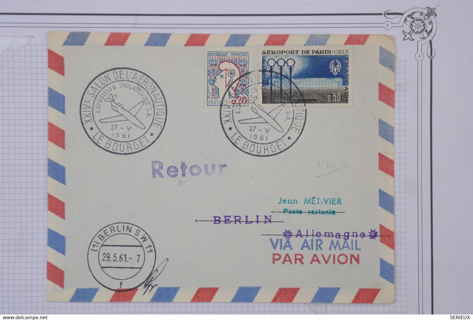 M6 FRANCE BELLE LETTRE 1961 1SALON AERONAUTIQUE  LE BOURGET POUR BERLIN GERMANY +AEROPHILATELIE+ AFFRANCH. PLAISANT - 1960-.... Brieven & Documenten