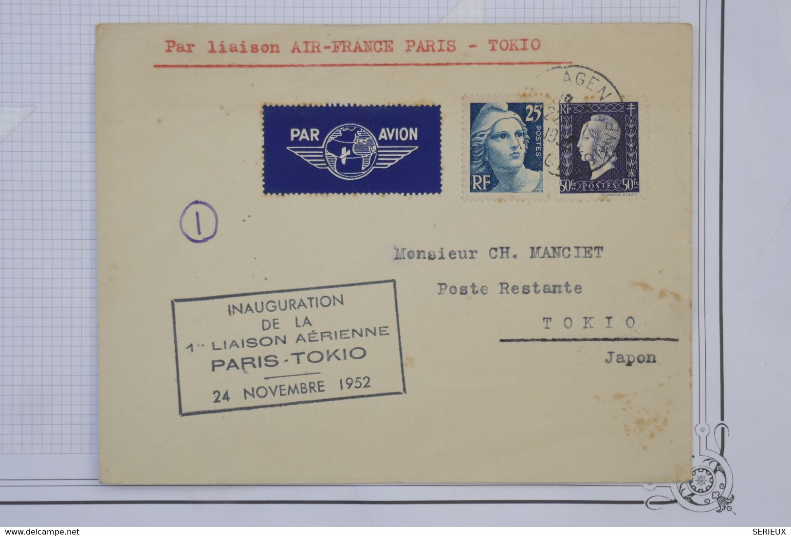 M11 FRANCE BELLE LETTRE 1952  1ER VOL  AIR FRANCE PARIS POUR TOKIO+ DULAC 50F++AEROPHILATELIE+ AFFRANCH. PLAISANT - 1960-.... Cartas & Documentos