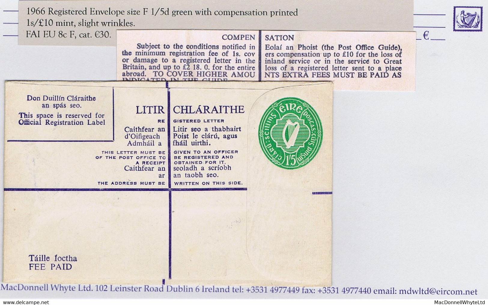 Ireland 1966 Registered Envelope 1/5d Green, Size F Compensation 1s/£10 Unused Slight Wrinkles EU 8cF - Postwaardestukken