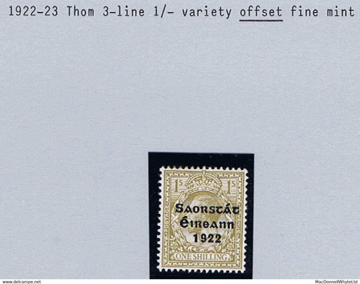 Ireland 1922-23 Thom Saorstát 1s Bistre-brown, Variety  "Offset On Reverse" Mint Hinged - Neufs