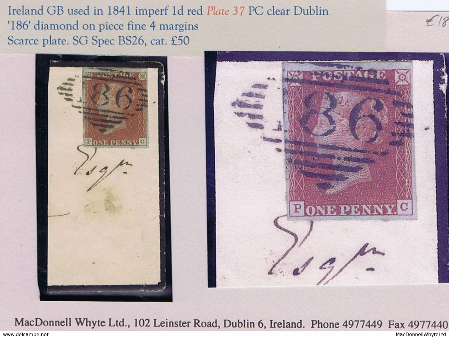 Ireland GB Used In 1841 Imperf 1d Red Plate 37 PC Fine 4 Margins Used On Piece, Clear "186" Of Dublin - Entiers Postaux