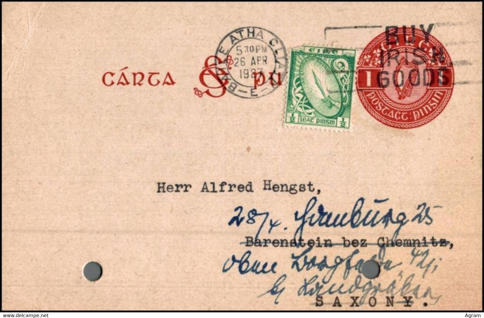 Ireland 1927, Postal Stationery Dublin To Chemnitz W./psm "Baile Átha Cliath" - Brieven En Documenten