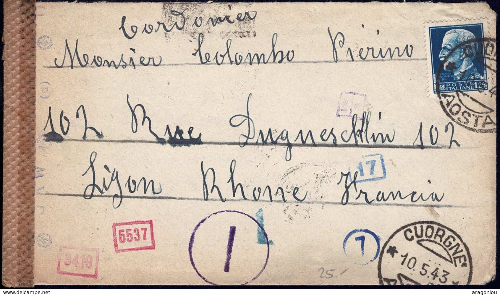 Italie / Italia 1943 Lettre Cuorgne Vers Lyon France, Cachet Censure / 2 Scans - Other & Unclassified