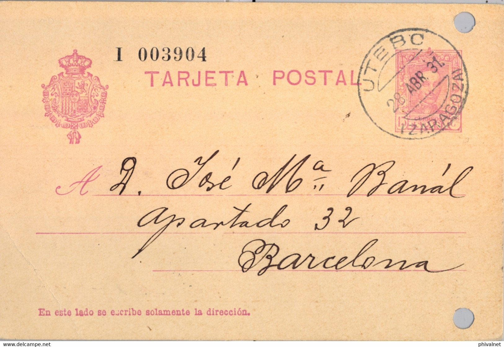 1931 ZARAGOZA ,  E.P. 57 CIRCULADO ENTRE UTEBO Y BARCELONA - 1850-1931