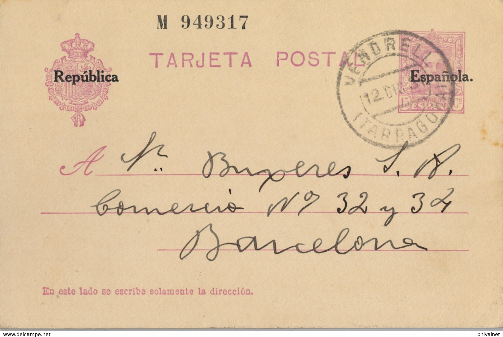 1931 TARRAGONA  ,  E.P. 61 CIRCULADO ENTRE VENDRELL  Y BARCELONA - 1850-1931