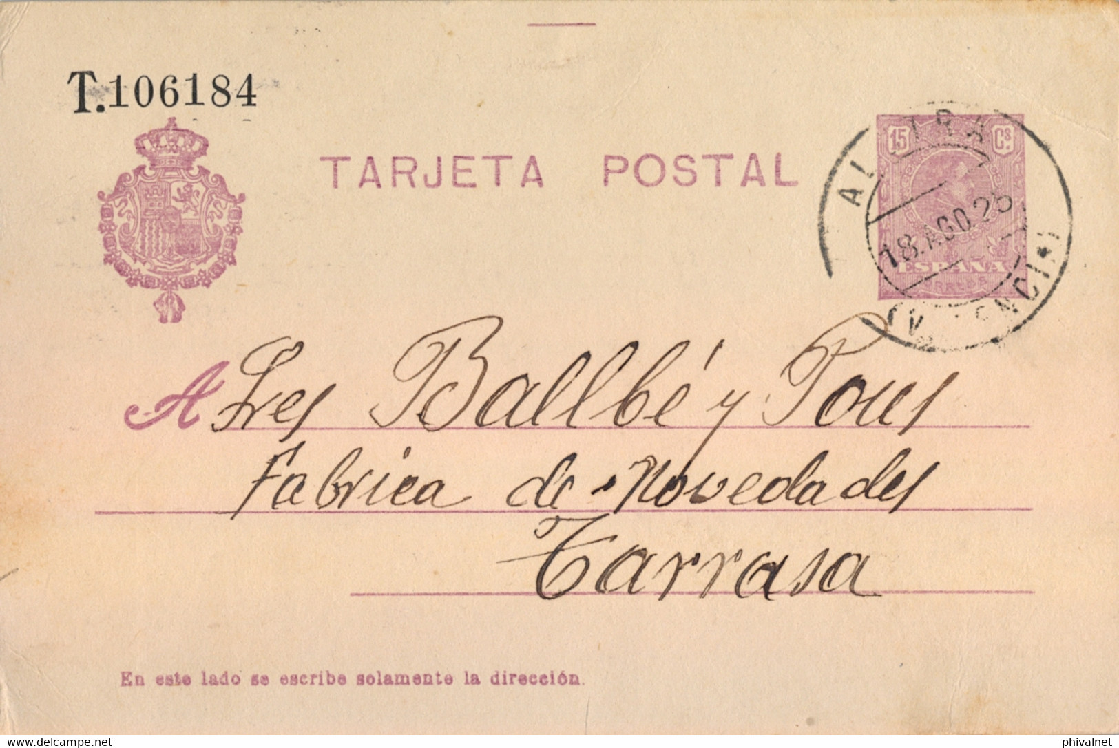 1925 VALENCIA  ,  E.P. 50 CIRCULADO ENTRE ALCIRA Y TARRASA - 1850-1931