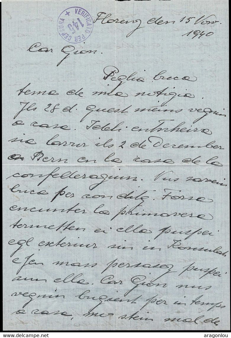 Italie / Italia 1940 Lettre Firenze Vers La Suisse, Cachet Censure / 5 Scans - Autres & Non Classés