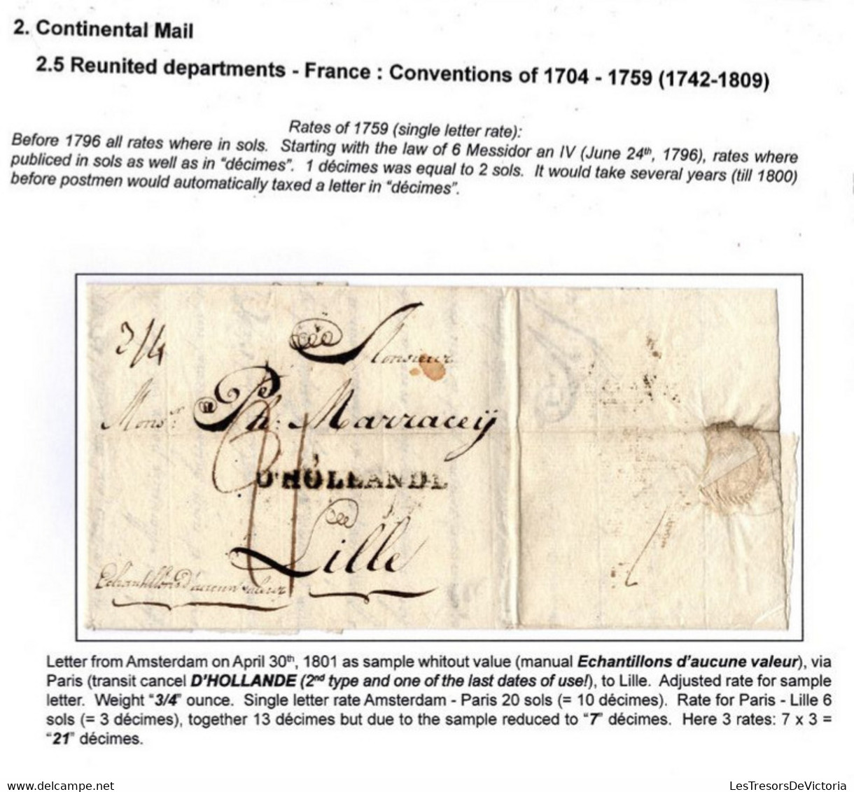 Lettre 1801 D'amsterdam Pour Lille - Griffe D'hollande - 3/4 Once Port 21 - Manual Echantillons Aucune Valeur Via Paris - ...-1852 Prephilately