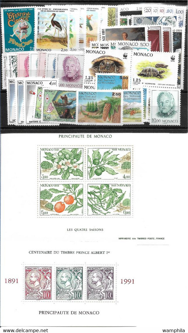 Monaco Année Complète 1991, 57 Timbres**/ Neufs Sans Charnière. Cote 143€. - Años Completos