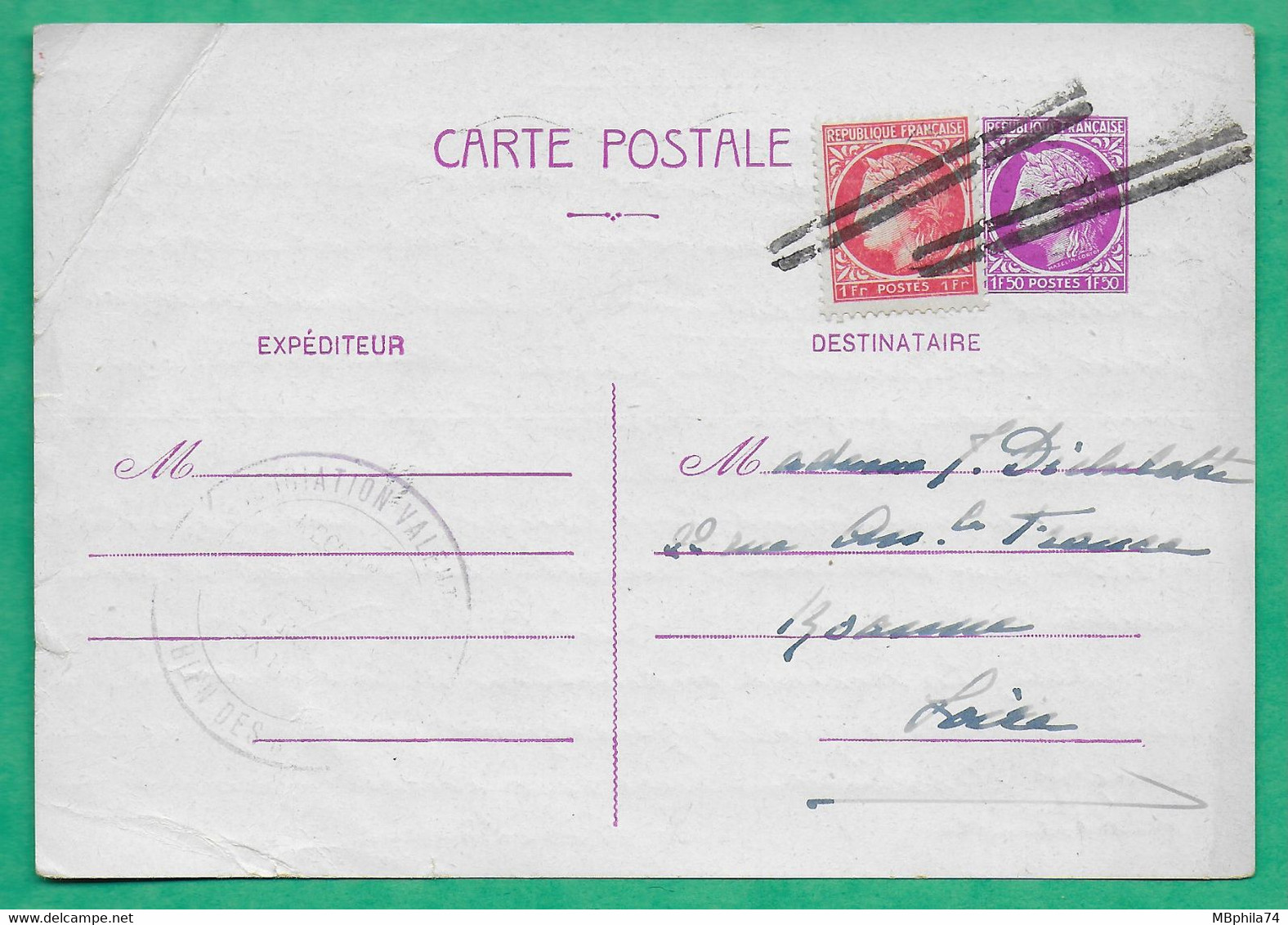 N°676 + 679 CERES MAZELIN CARTE POSTALE ANNULATION ROULETTE TRAIT EN ARRIVEE ROANNE LOIRE 1946 LETTRE COVER FRANCE - 1945-47 Ceres (Mazelin)