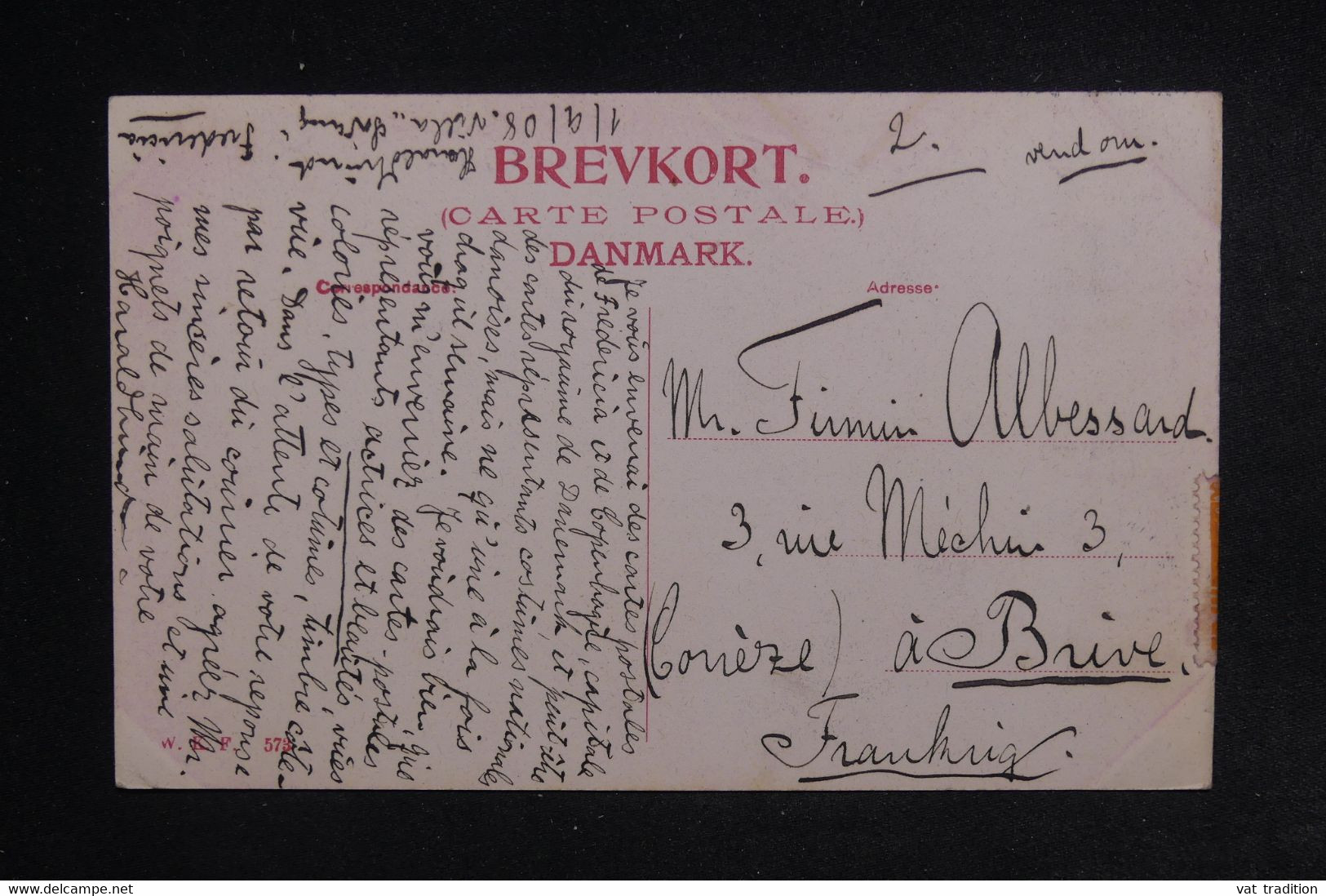 DANEMARK - Affranchissement De Fredericia Sur Carte Postale Pour La France En 1908 - L 122655 - Brieven En Documenten