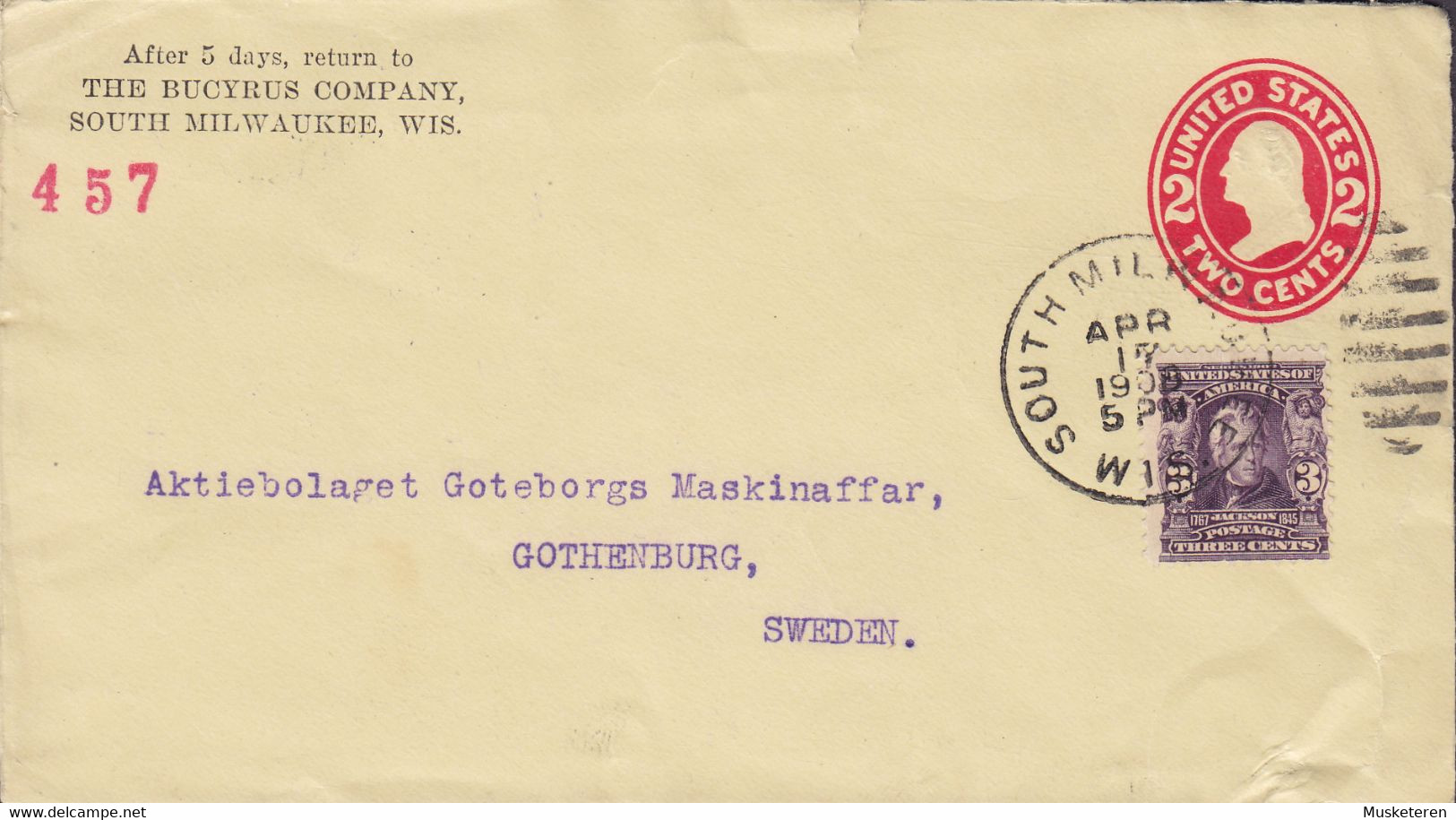 Uprated Postal Stationery Ganzsache PRIVATE Print THE BUCYRUS COMPANY, SOUTH MILWAUKEE 1908 GOTHENBURG Sweden - 1901-20