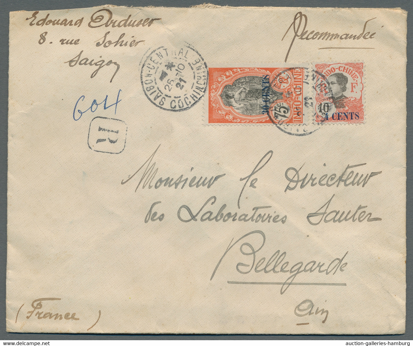 French Indochine: 1916-1921, Zwei Einschreibbriefe Nach Bellegarde-sur-Valserine - Lettres & Documents
