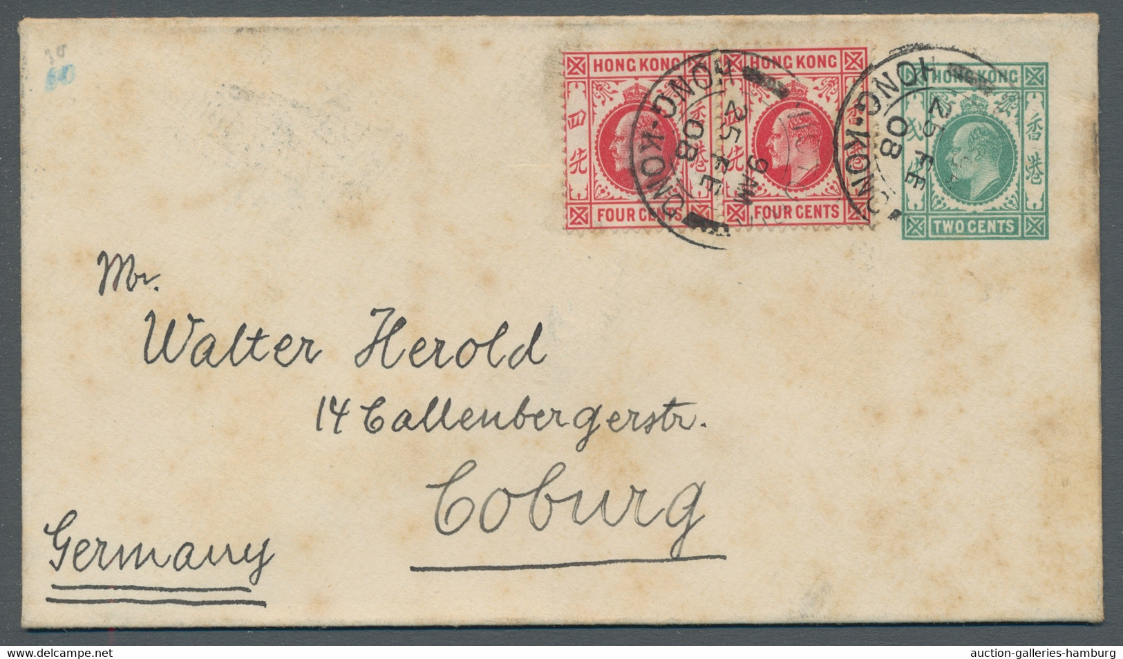 Hong Kong - Postal Stationery: 1908, "Edward VII." 2 Cents-Ganzsachenumschlag Mi - Entiers Postaux