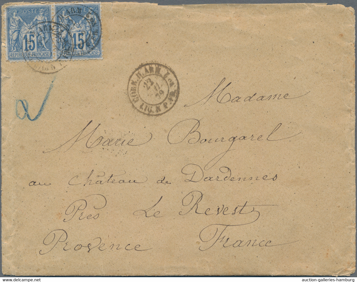 Japan: 1879: France 15c Sage Type (x2), Tied By Clear Strike Of The Rare "CORR.D - Autres & Non Classés