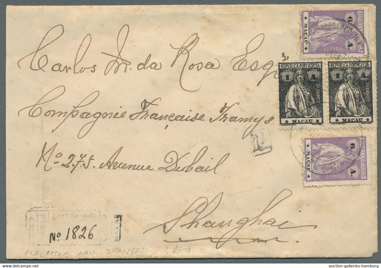 Macao: 1931, Registered Letter From MACAU To SHANGHAI, China Bearing Céres 1A An - Lettres & Documents