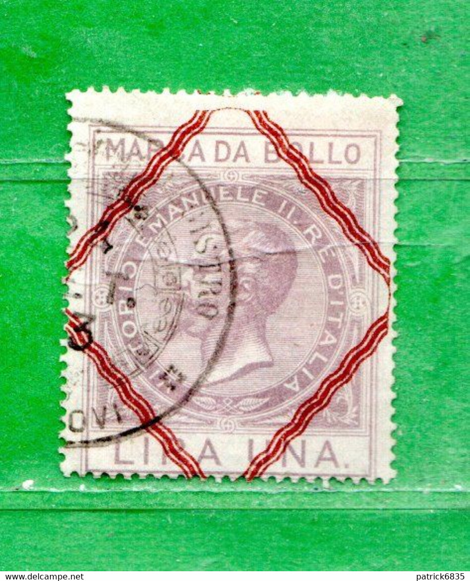 Marca Da Bollo A Tassa Fissa°- 1869- Lira UNA , Cat.Unif . N°20 . Con Losanghe Rosse. Fil. Scudo - Fiscale Zegels