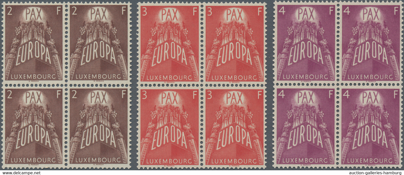 Luxembourg: 1957, Europa, 2 - 4 Fr Jeweils Im Viererblock, Ungefaltet Und Tadell - Storia Postale