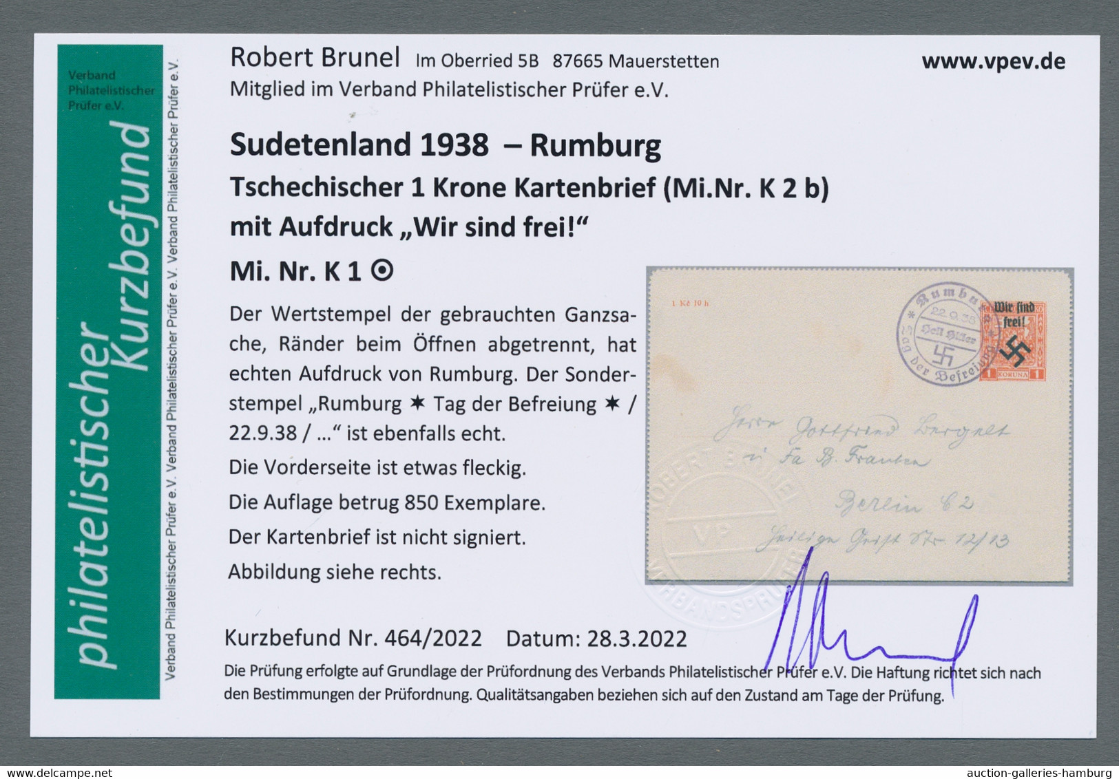 Sudetenland - Rumburg: 1938, Kartenbrief 1 Krone Rot Mit Aufdruck "Wir Sind Frei - Région Des Sudètes