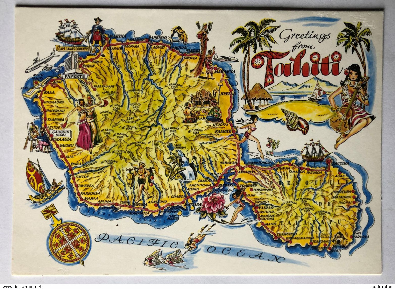 Carte Greetings From Tahiti Polynésie Française Carte De L'île Krueger Cards - Polynésie Française