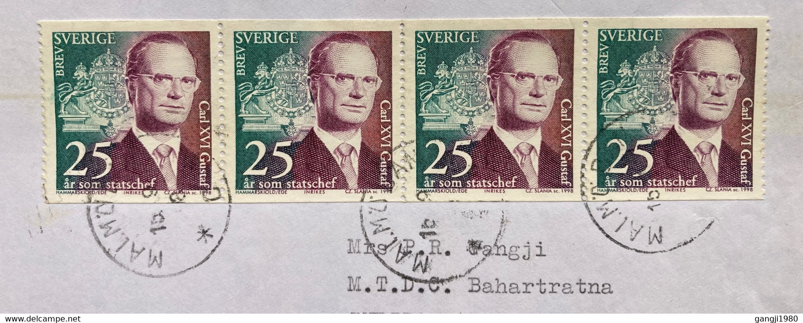 SWEDEN 1998, KING CARL GUSTAF ,STRIP OF 4 STAMPS !!! AIRMAIL COVER TO INDIA,COAT OF ARM, MALMO CITY CANCELLATION - Storia Postale