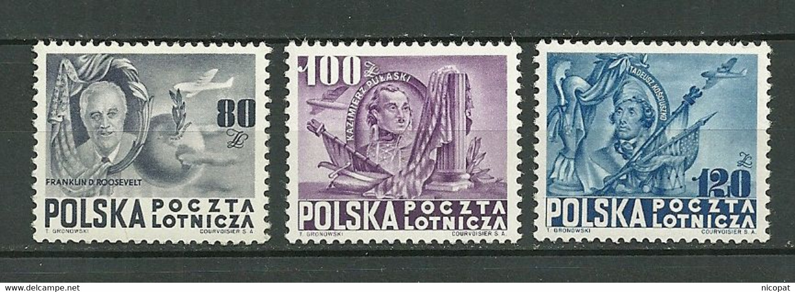 POLAND MNH ** PA 24-26 Emis à La Gloire De La Démocratie, F D ROOSEVELT CASIMIR PULASKI KOSCIUSZKO - Nuevos